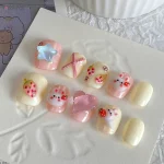 Faux ongles faits à la main, fraise rose, lapin mignon, diamant conçu, courts et ronds, à pression, pour femmes et filles, manucure quotidienne à faire soi-même