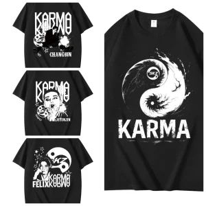 KPOP le 4ème Album KARMA t-shirt CHANGBIN HYUNJIN FELIX mode coréenne coton Hip Hop t-shirt Harajuku hauts Streetwear KPOP le 4ème Album KARMA t-shirt CHANGBIN HYUNJIN FELIX mode coréenne coton Hip Hop t-shirt Harajuku hauts Streetwear