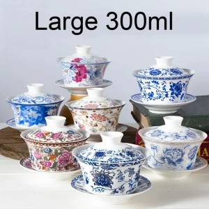 Grande tasse de théière en céramique Gaiwan de porcelaine d’os de 300ML avec soucoupe bol à thé peint à la main Tureens ensemble de cérémonie de Kung Fu chinois Grande tasse de théière en céramique Gaiwan de porcelaine d’os de 300ML avec soucoupe bol à thé peint à la main Tureens ensemble de cérémonie de Kung Fu chinois