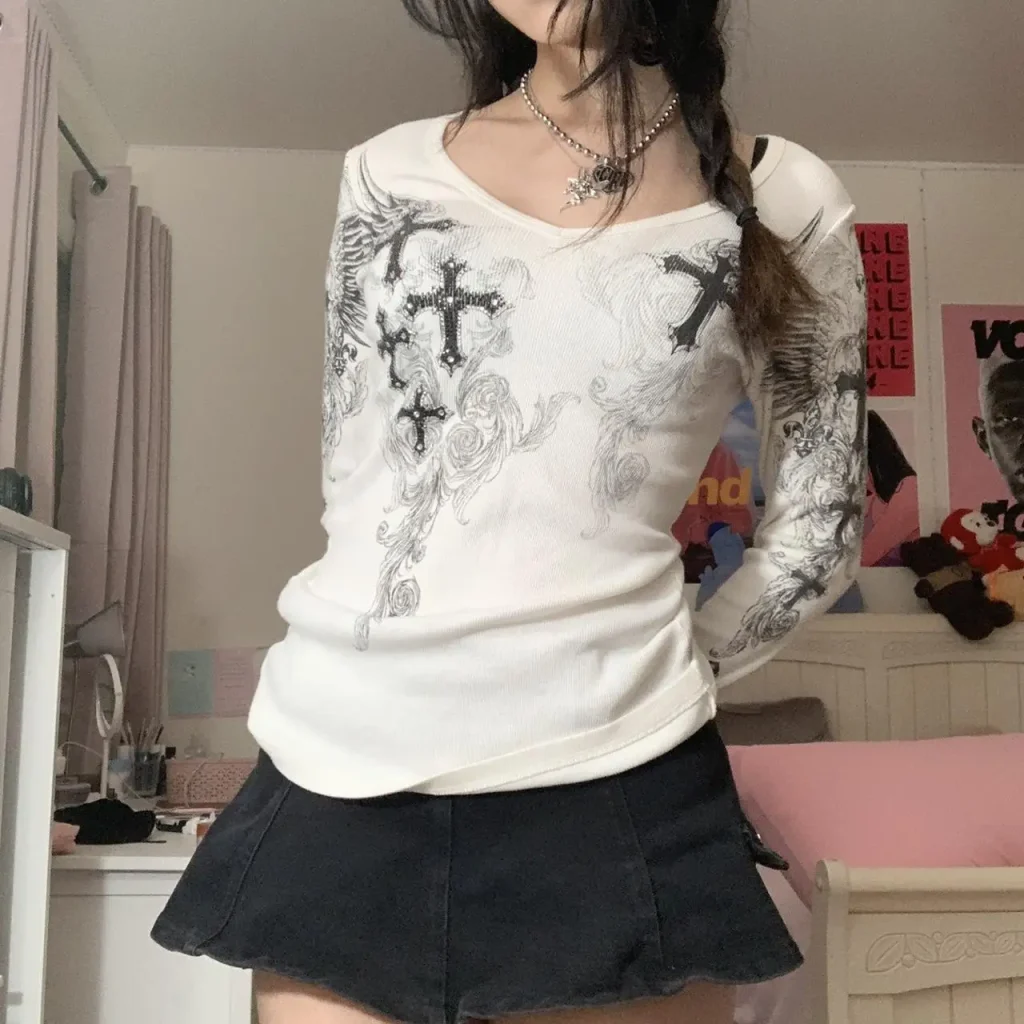 T-shirt manches longues pour femme, haut court à fleurs y2k, tricoté côtelé, Grunge Fairycore, à volants blancs, pull Kawaii, doux, automne