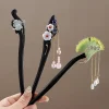 Épingle à cheveux rétro en bois de santal, pompon, épingle à cheveux de style chinois, accessoires pour cheveux de fille de style ancien, couvre chef hanfu pour femmes