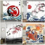 Rideau de douche de Style japonais, poisson Koi, fleur de cerisier, soleil, vague de mer, poulpe, paysage, rideaux en tissu Polyester, décor de salle de bains