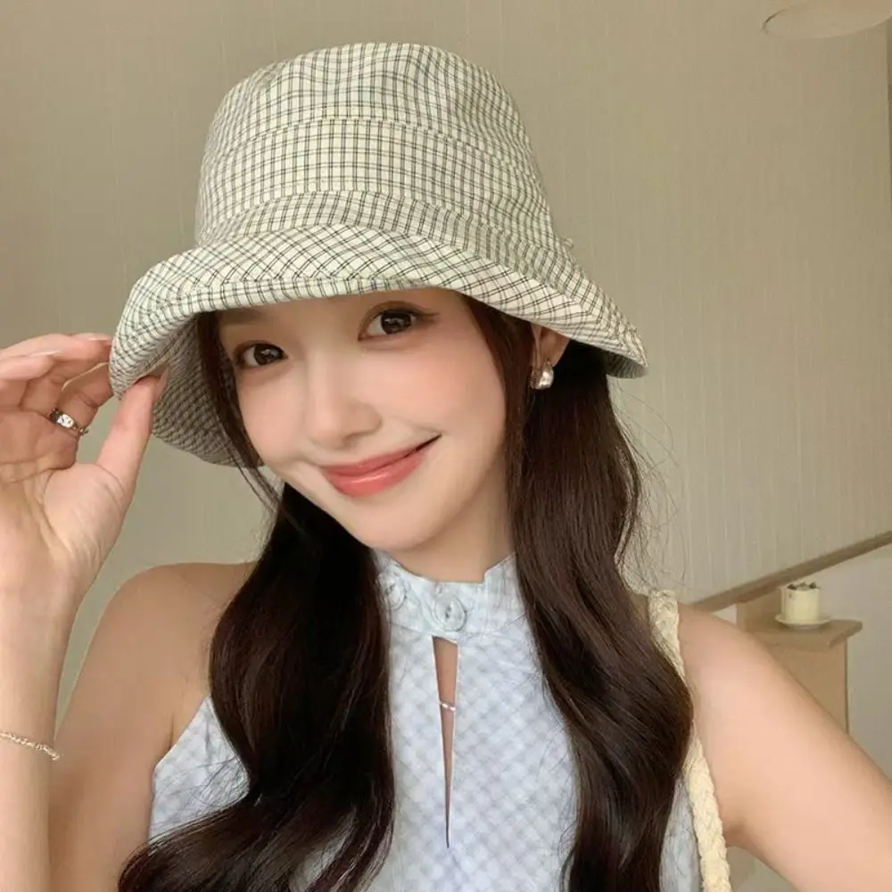 casquette seau à carreaux d'été japonaise, chapeau de soleil à carreaux bouclés à séchage rapide, casquette de pêcheur pliable avec nœud pour femmes casquette seau à carreaux d'été japonaise, chapeau de soleil à carreaux bouclés à séchage rapide, casquette de pêcheur pliable avec nœud pour femmes