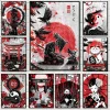 Affiche d&rsquo;esprit japonais moderne noir et rouge, Geisha samouraï chat mont Fuji, peinture sur toile, Art mural pour décoration de salon et de maison