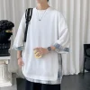 t shirts d'été pour hommes, style coréen, ample, faux deux pièces, mi long, grande taille, manches trois quarts, streetwear, haut d'extérieur