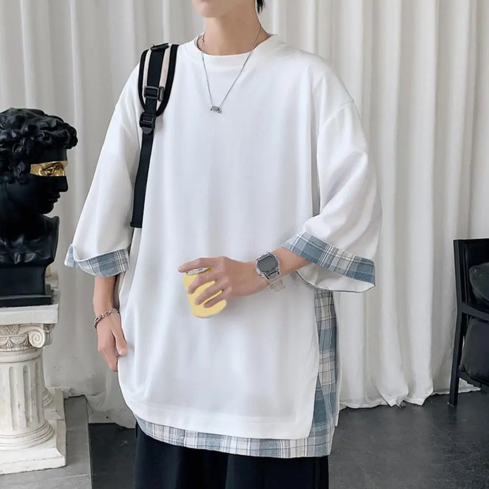 t shirts d'été pour hommes, style coréen, ample, faux deux pièces, mi long, grande taille, manches trois quarts, streetwear, haut d'extérieur t shirts d'été pour hommes, style coréen, ample, faux deux pièces, mi long, grande taille, manches trois quarts, streetwear, haut d'extérieur