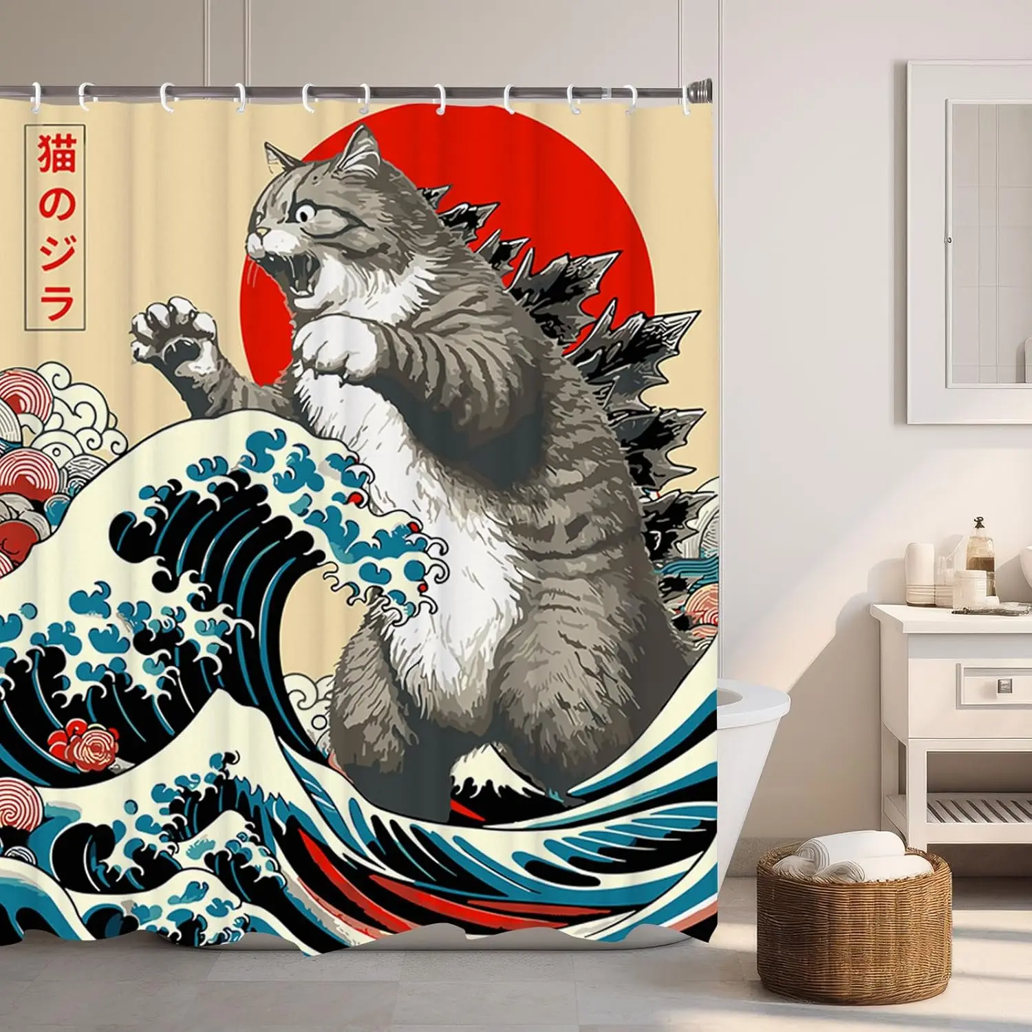 rideau de douche chat japonais, art ondulé de coucher de soleil d'anime vintage, tissu imperméable avec crochets rideau de douche chat japonais, art ondulé de coucher de soleil d'anime vintage, tissu imperméable avec crochets