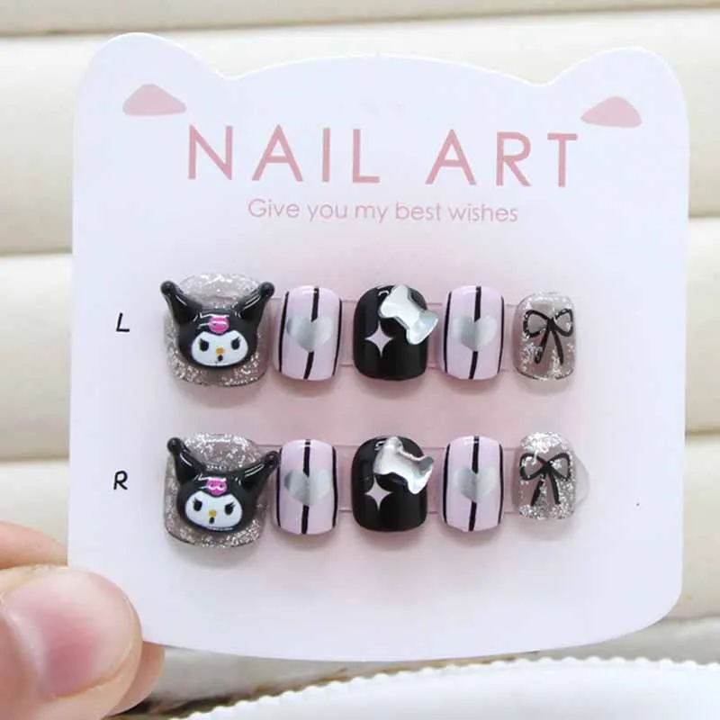 10 pièces enfants dessin animé kuromi hello kitty ma mélodie presse sur ongles faux ongles manucure courte tête ronde avec nœud papillon faux ongles 10 pièces enfants dessin animé kuromi hello kitty ma mélodie presse sur ongles faux ongles manucure courte tête ronde avec nœud papillon faux ongles