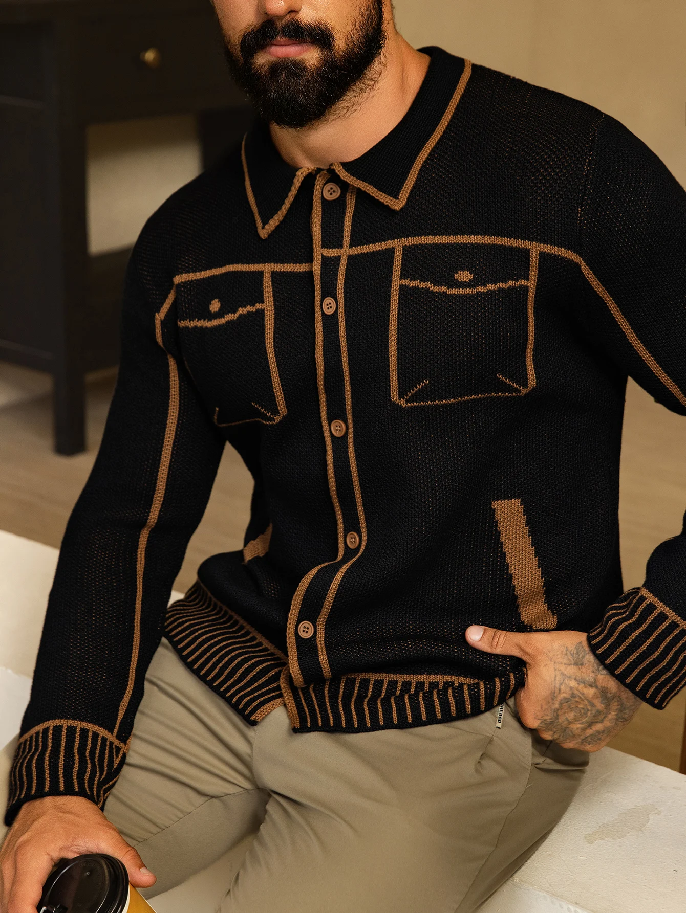 cardigan ouvert confortable pour hommes, tricot décontracté avec fausse poche, pull à la mode, automne hiver cardigan ouvert confortable pour hommes, tricot décontracté avec fausse poche, pull à la mode, automne hiver