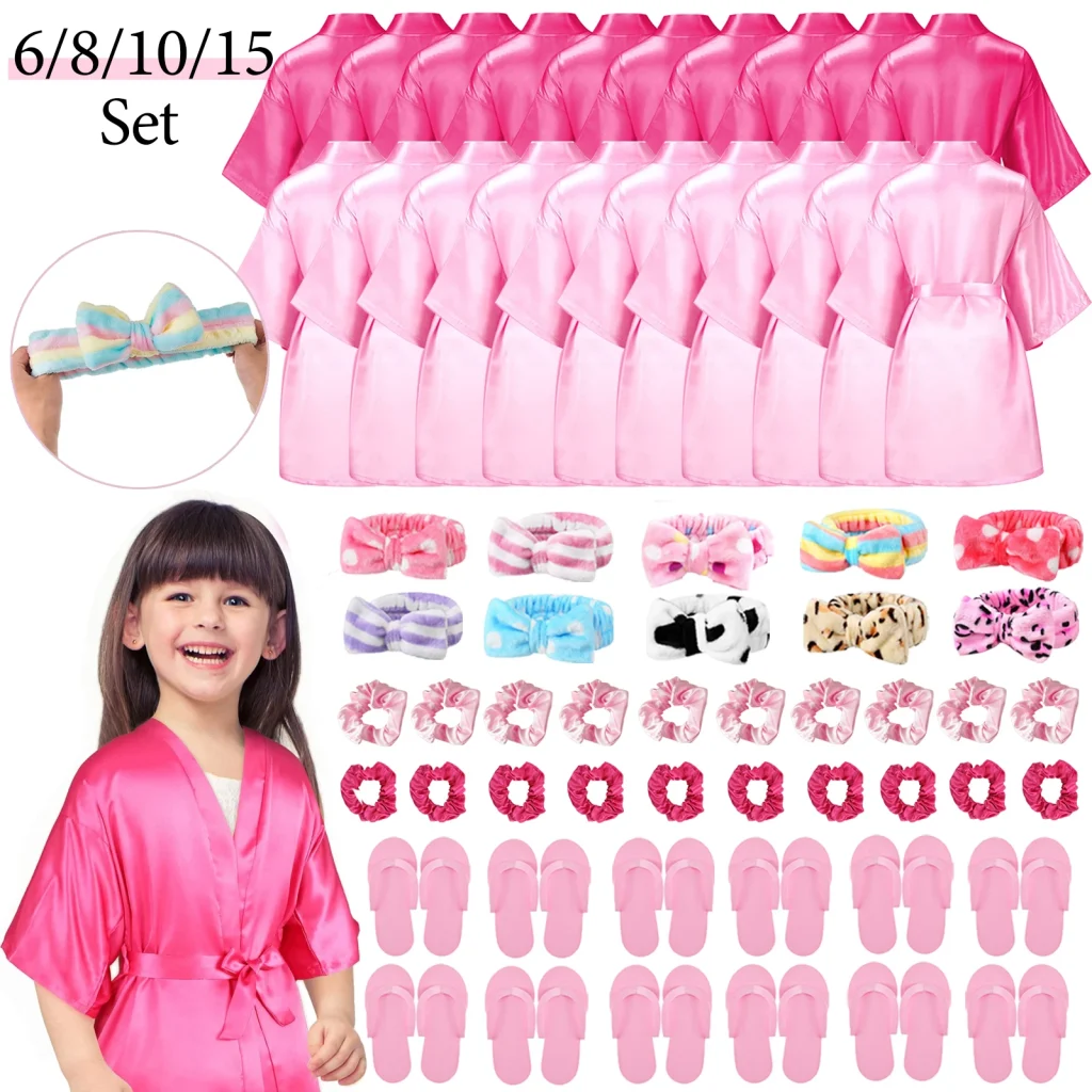 6-15 ensemble Kimono fille peignoir anniversaire équipe Robe Satin soie Robe pyjama fête faveur jetable Spa fête bandeau pantoufles