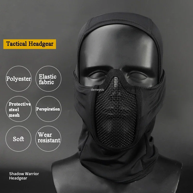 cagoule tactique en maille, masque airsoft paintball, protection complète du visage, capuche de style ninja, masque métallique en acier, design pliable cagoule tactique en maille, masque airsoft paintball, protection complète du visage, capuche de style ninja, masque métallique en acier, design pliable