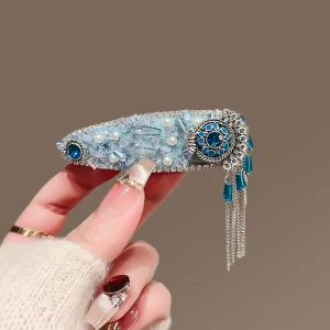 Pince à cheveux latérale à frange en cristal bleu, 1 pièce, Barrette à franges en perles élégantes avec pompon suspendu, accessoires pour cheveux Boho pour femmes et filles