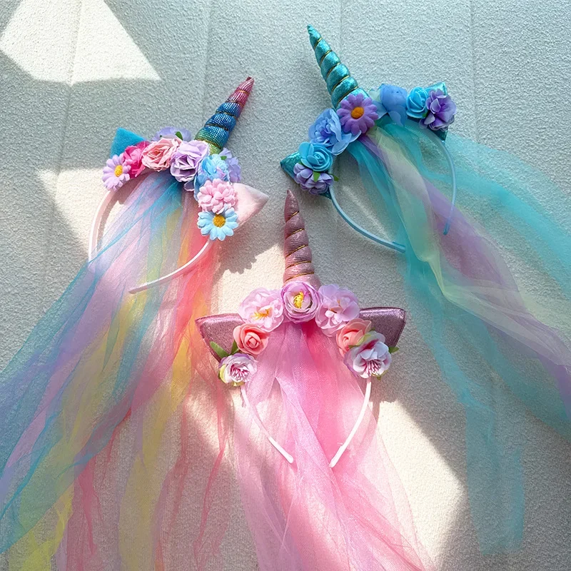 bandeau licorne arc en ciel, couvre chef pour enfants, simulation de princesse, filet de fleurs, accessoires de style dessin animé pour enfants bandeau licorne arc en ciel, couvre chef pour enfants, simulation de princesse, filet de fleurs, accessoires de style dessin animé pour enfants