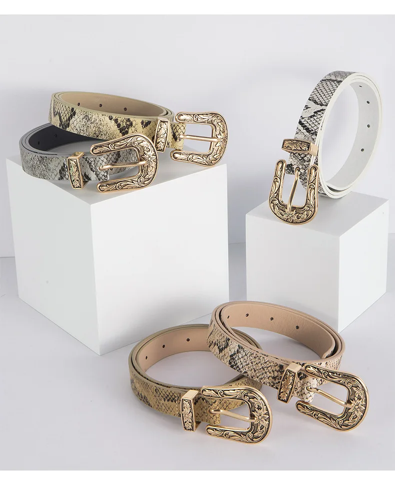 ceinture en peau de serpent avec broche sculptée européenne et américaine pour femme, motif à la mode et polyvalent, haut de gamme ceinture en peau de serpent avec broche sculptée européenne et américaine pour femme, motif à la mode et polyvalent, haut de gamme