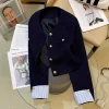 petite veste de costume bleu marine pour femmes, haut design d'épissure à la mode française, nouvelle collection automne