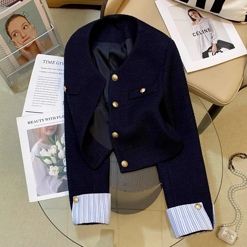 petite veste de costume bleu marine pour femmes, haut design d'épissure à la mode française, nouvelle collection automne petite veste de costume bleu marine pour femmes, haut design d'épissure à la mode française, nouvelle collection automne