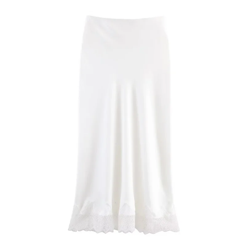 jupe longue en satin pour femmes, simple, ourlet en dentelle, décoration, taille élastique, mi longue, élégante, chic, vêtements, nouvelle collection automne 2025 jupe longue en satin pour femmes, simple, ourlet en dentelle, décoration, taille élastique, mi longue, élégante, chic, vêtements, nouvelle collection automne 2025