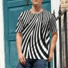 t shirt rayé noir et blanc pour hommes, conception de lignes abstraites, t shirts à col rond, t shirts à manches courtes, mode de plage, cadeau d'anniversaire