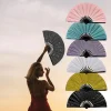 Éventail pliant en os de bambou, poudre scintillante, cadeaux de fête de mariage, éventail portatif pour spectacle de festival, éventail de danse coloré