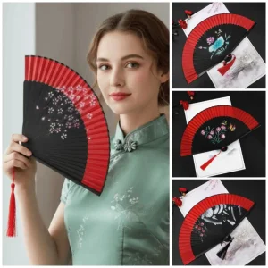 Éventail plié imprimé de fleurs de Style chinois, éventail pliant à pampilles rétro exquis, éventail Kimono classique Portable, accessoires de danse pour dames