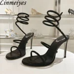 Sexy talons hauts sandales femme strass ficelle autour de la cheville serpent chaussures de mariage cristal talon gladiateur sandales d&rsquo;été femmes