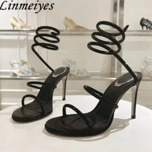 Sexy talons hauts sandales femme strass ficelle autour de la cheville serpent chaussures de mariage cristal talon gladiateur sandales d&rsquo;été femmes