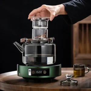 JUSTINLAU – théière en verre de 1,3 l, bouilloire intégrée à la vapeur et à bouillir avec filtre épais et manche en bois, service à thé Kung Fu domestique