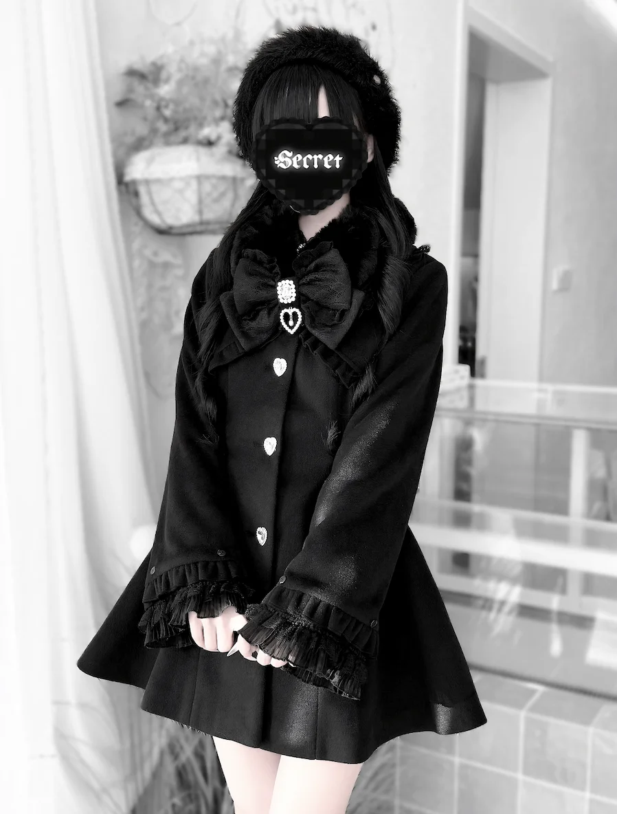 veste en laine noire pour femme, manteau japonais, produit en série, automne hiver, col à nœud mignon, doux et élégant, pardessus lolita veste en laine noire pour femme, manteau japonais, produit en série, automne hiver, col à nœud mignon, doux et élégant, pardessus lolita
