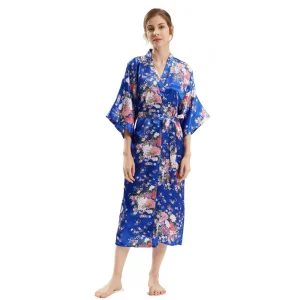 Peignoir Kimono à Manches Mi-sulfpour Femme, Robe Longue en Satin Imprimé Floral, Vêtements de Nuit pour la Maison