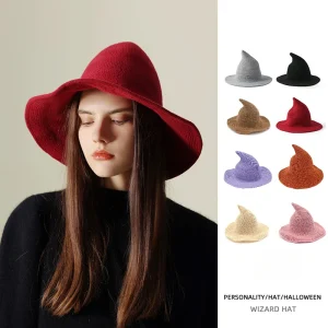 Chapeau tricoté en laine Vintage pour Halloween, chapeau de sorcière pour femmes, déguisement de fête, mascarade, accessoires de décoration de vacances