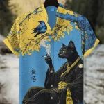 Chemise en lin imprimé chat Kimono de Style japonais pour hommes, col montant à la mode, manches courtes, expédition rapide, été Chemise en lin imprimé chat Kimono de Style japonais pour hommes, col montant à la mode, manches courtes, expédition rapide, été