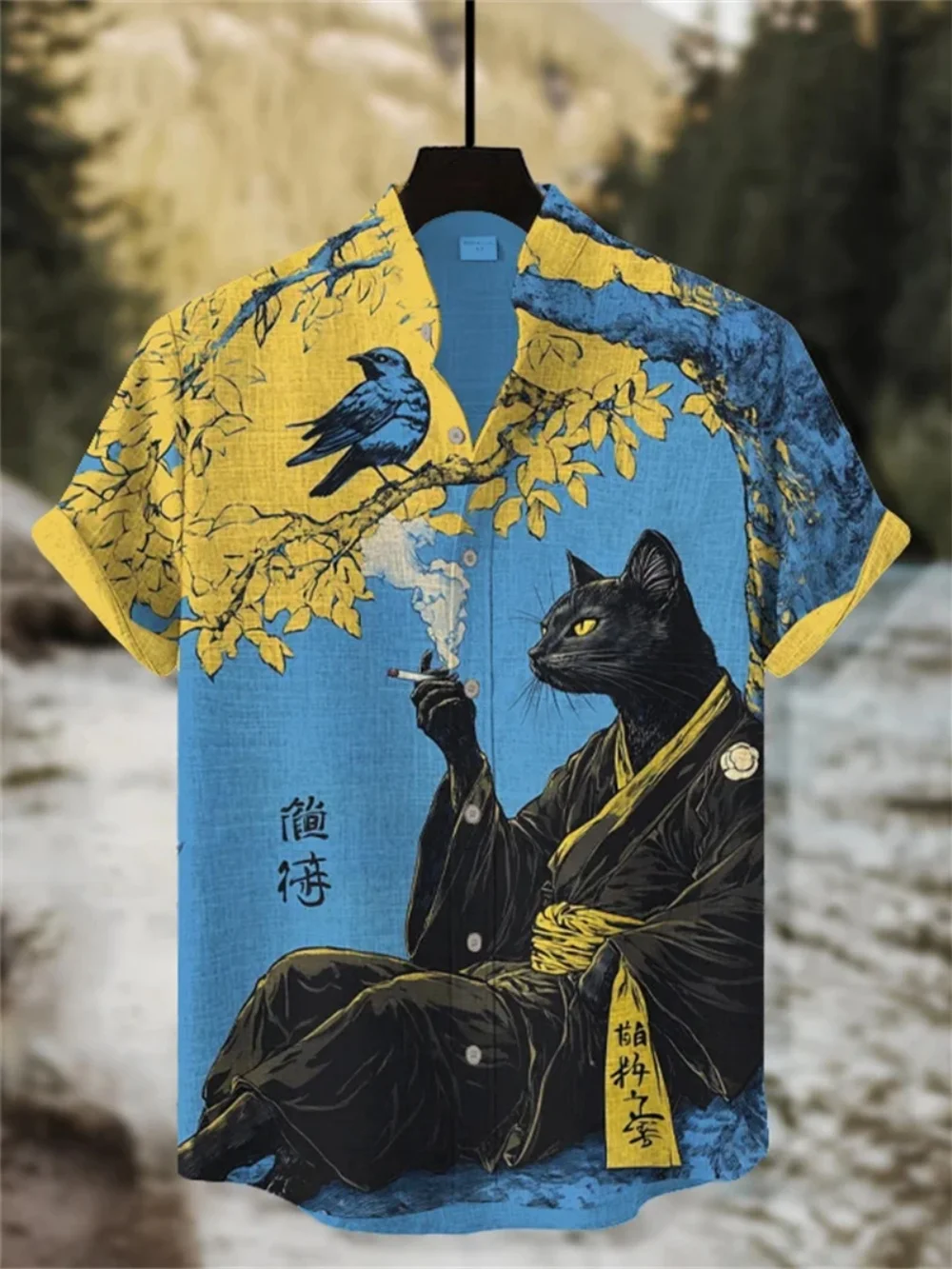Chemise en lin imprimé chat Kimono de Style japonais pour hommes, col montant à la mode, manches courtes, expédition rapide, été Chemise en lin imprimé chat Kimono de Style japonais pour hommes, col montant à la mode, manches courtes, expédition rapide, été