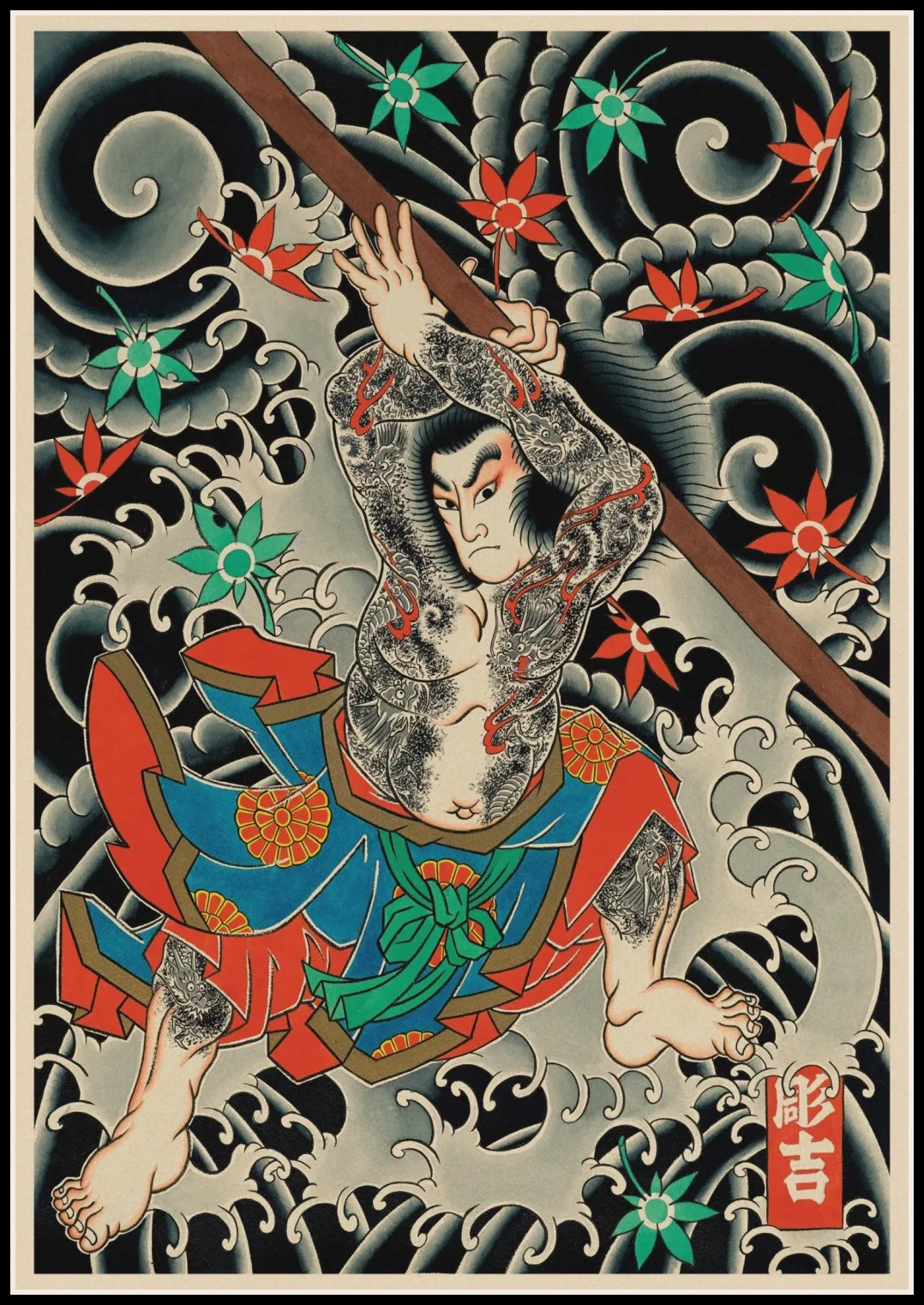 affiche d'art de tatouage japonais, autocollant mural en papier kraft, décoration de la maison affiche d'art de tatouage japonais, autocollant mural en papier kraft, décoration de la maison