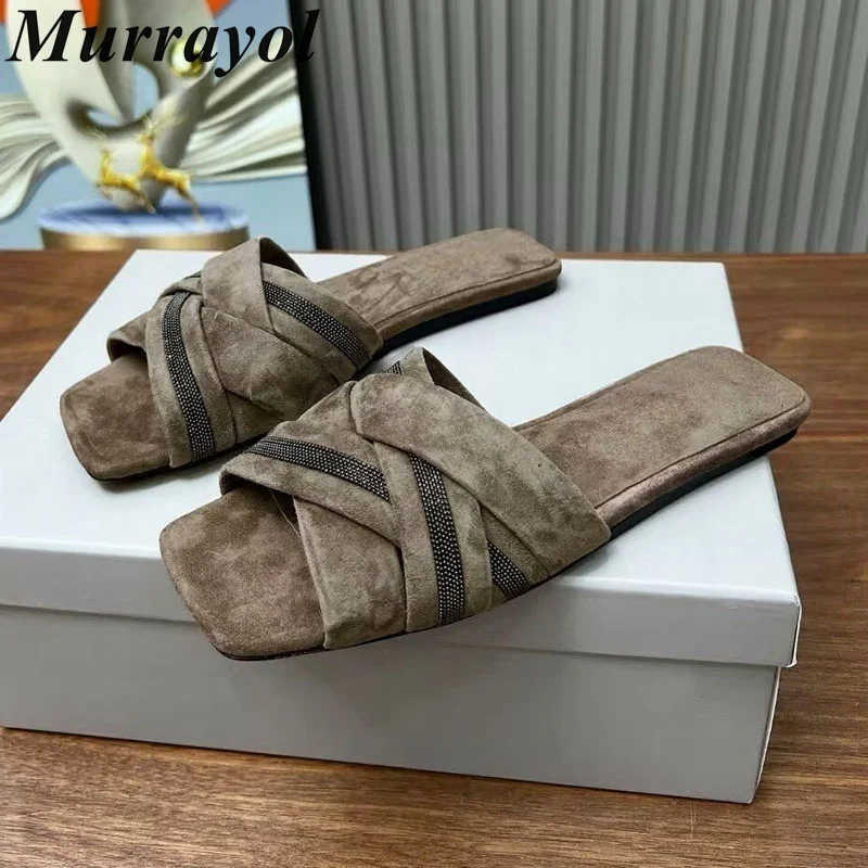 2025 fond plat bout carré pantoufles en cuir véritable chaîne perle décor paresseux sandales dames été loisirs de plein air vacances chaussures 2025 fond plat bout carré pantoufles en cuir véritable chaîne perle décor paresseux sandales dames été loisirs de plein air vacances chaussures