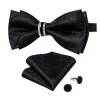 noeud papillon pré attaché noir uni avec demi anneau en diamant, ensemble de boutons de manchette carrés de poche à la mode, fête d'affaires, nœud papillon de luxe pour hommes