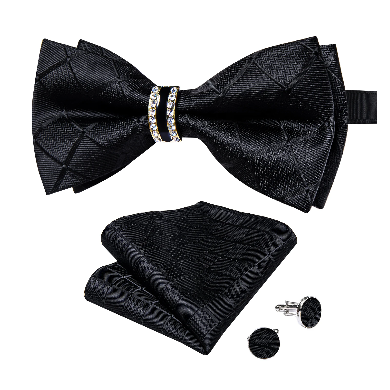 noeud papillon pré attaché noir uni avec demi anneau en diamant, ensemble de boutons de manchette carrés de poche à la mode, fête d'affaires, nœud papillon de luxe pour hommes noeud papillon pré attaché noir uni avec demi anneau en diamant, ensemble de boutons de manchette carrés de poche à la mode, fête d'affaires, nœud papillon de luxe pour hommes