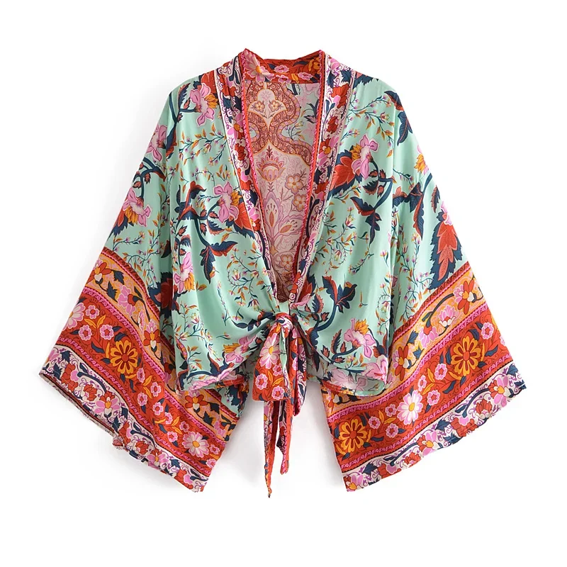 boho queens vintage imprimé fleuri ceintures court kimono femmes nouvelle mode col en v manches chauve souris dames robe de plage couvertures boho queens vintage imprimé fleuri ceintures court kimono femmes nouvelle mode col en v manches chauve souris dames robe de plage couvertures