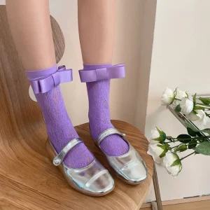 Chaussettes élastiques japonaises confortables pour femmes, douces, Lolita JK, mode Y2K, Style coréen, bonneterie en soie avec nœud, chaussettes fines transparentes