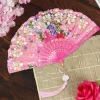Éventail en soie vintage à motif floral, décoratif pour fête de mariage, chinois, japonais, pompon en bambou, danse, à main, 2023