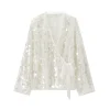 veste à paillettes pour femmes, col en v, style kimono, manches longues, pour fête, à lacets, streetwear, manteau à la mode