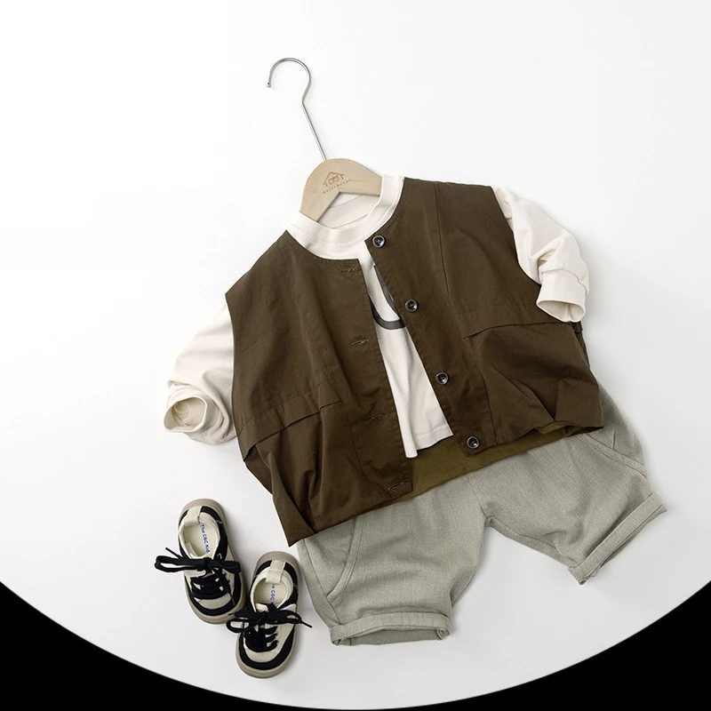 veste d'automne sans manches pour enfants, style coréen, pour garçons et filles, gilet décontracté, couleur unie, rétro japonais veste d'automne sans manches pour enfants, style coréen, pour garçons et filles, gilet décontracté, couleur unie, rétro japonais
