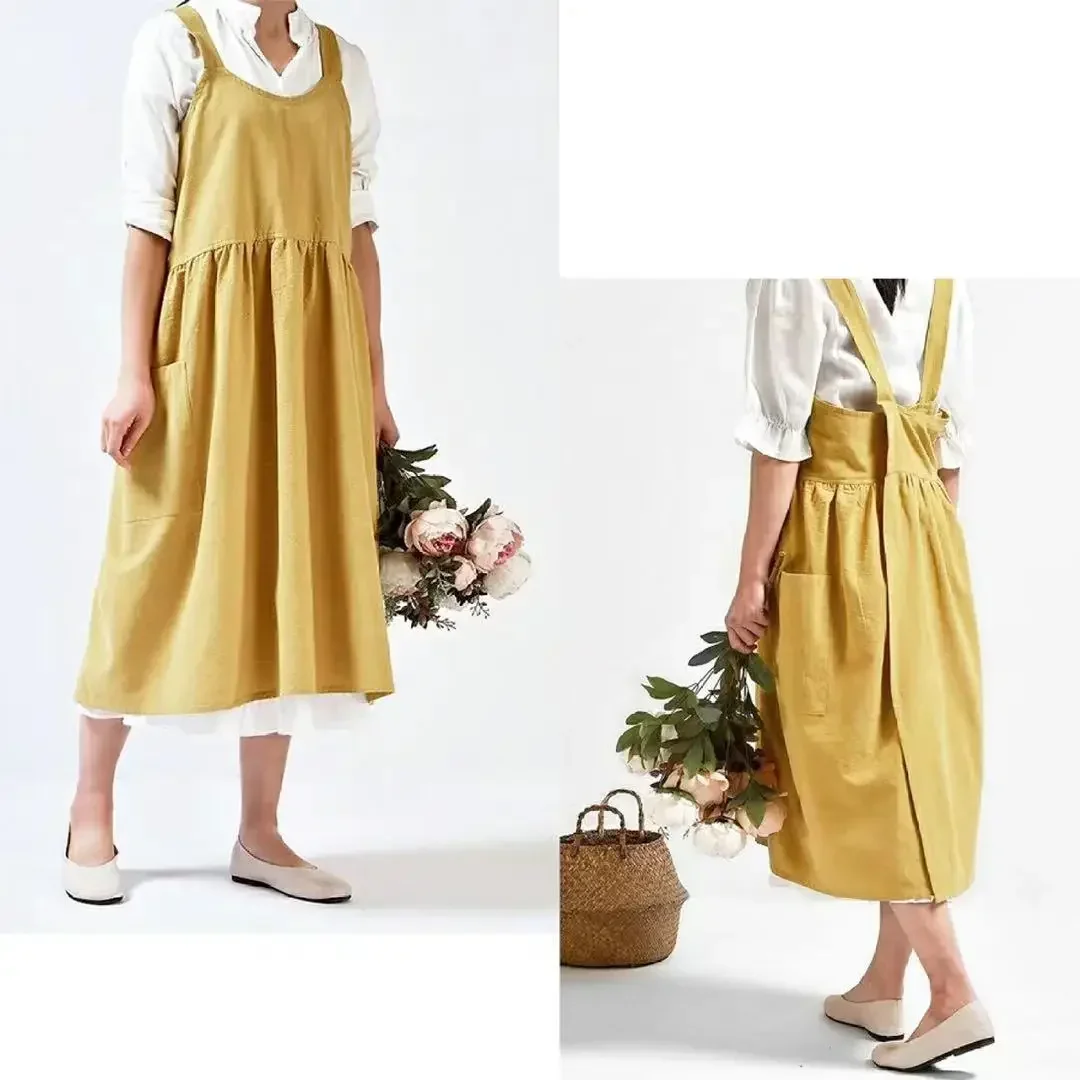tablier en coton et lin pour femmes, dos croisé, pour travaux ménagers japonais, enveloppe de cuisson avec poche, robe de fleuriste, couleur unie, tablier de cuisine de jardin tablier en coton et lin pour femmes, dos croisé, pour travaux ménagers japonais, enveloppe de cuisson avec poche, robe de fleuriste, couleur unie, tablier de cuisine de jardin