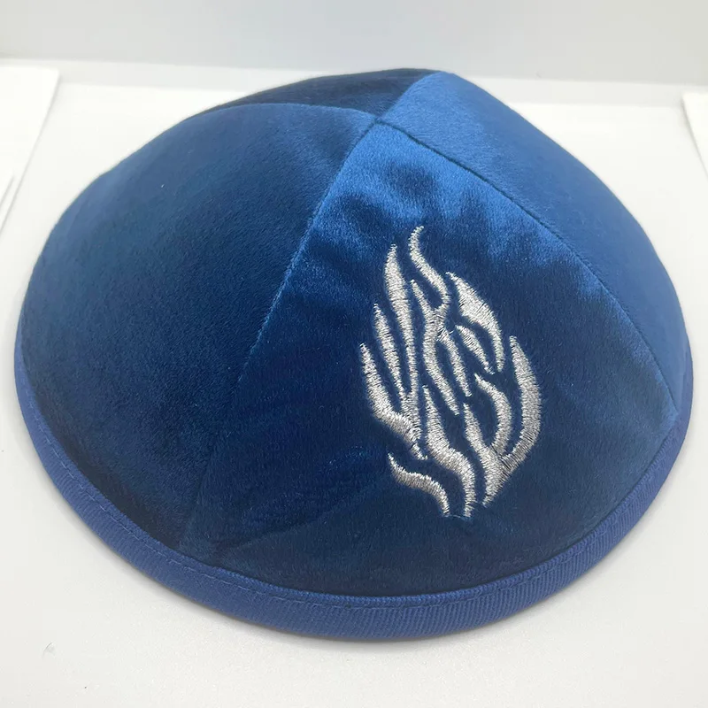 kippah en velours juif avec broderie de feu pour hommes, chapeau yamaka kippot bleu royal gris 18cm kippah en velours juif avec broderie de feu pour hommes, chapeau yamaka kippot bleu royal gris 18cm