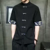 chemise kimono japonaise pour hommes, rétro chinois, imprimé décontracté, coton et lin, couture, hauts à manches courtes, haut d'été de qualité, streetwear pour hommes
