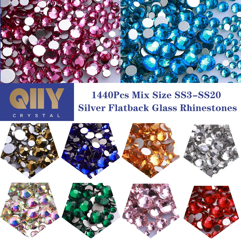 QIIY mélange taille argent Flatback haute qualité SS3-SS20 1440 pièces verre strass cristal pierres Non correctrices pour bricolage Nail Art QIIY mélange taille argent Flatback haute qualité SS3-SS20 1440 pièces verre strass cristal pierres Non correctrices pour bricolage Nail Art
