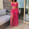 femmes deux pièces maillot de bain plage couvrir mode couleur unie tricoté taille haute gland jupe longue maillot de bain couvrir bikini