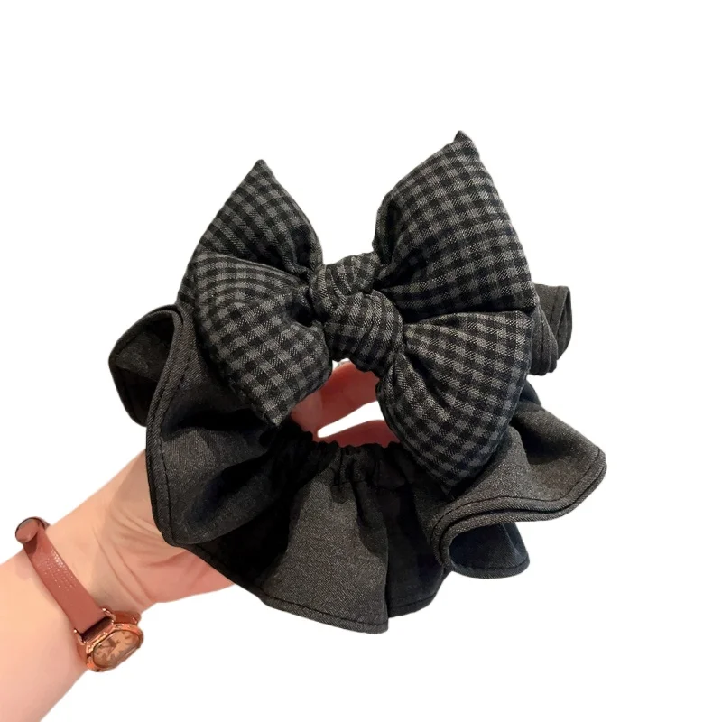 bandeau à nœud à carreaux noir et gris, accessoire coréen haut de gamme pour cheveux, anneau intestinal pour femmes bandeau à nœud à carreaux noir et gris, accessoire coréen haut de gamme pour cheveux, anneau intestinal pour femmes