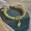 Bracelet en Jade vert de Style chinois pour femmes, couleur or exquise, feuilles, Double chaîne, cadeaux pour filles, 2026