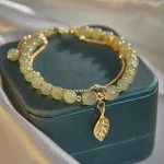 Bracelet en Jade vert de Style chinois pour femmes, couleur or exquise, feuilles, Double chaîne, cadeaux pour filles, 2026