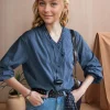 hauts en coton chemisiers japon filles mignon doux style preppy à manches longues volants col en v bleu rose bouton rétro vintage chemises à carreaux